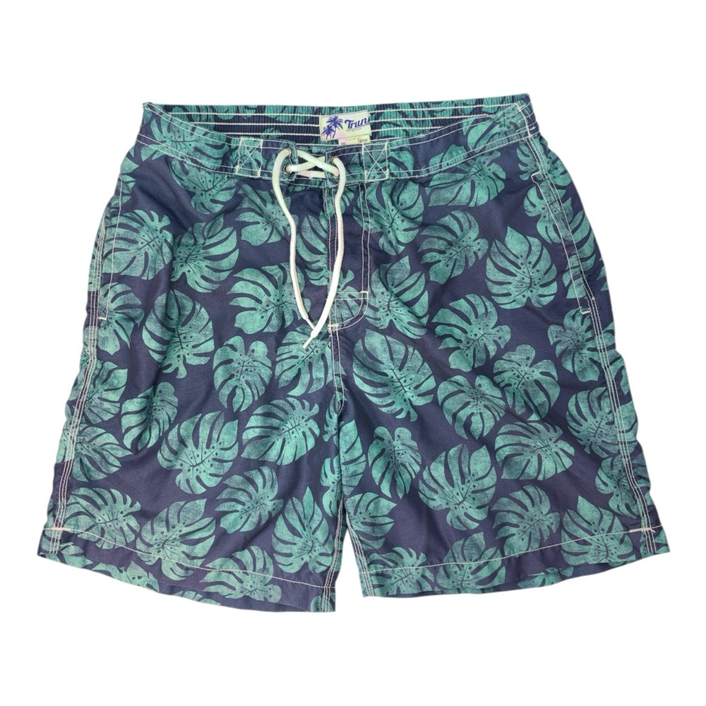 Trunks Surf & Swim Co Trunks Men's Large Blue Green Tropical Leaf Mesh Lined